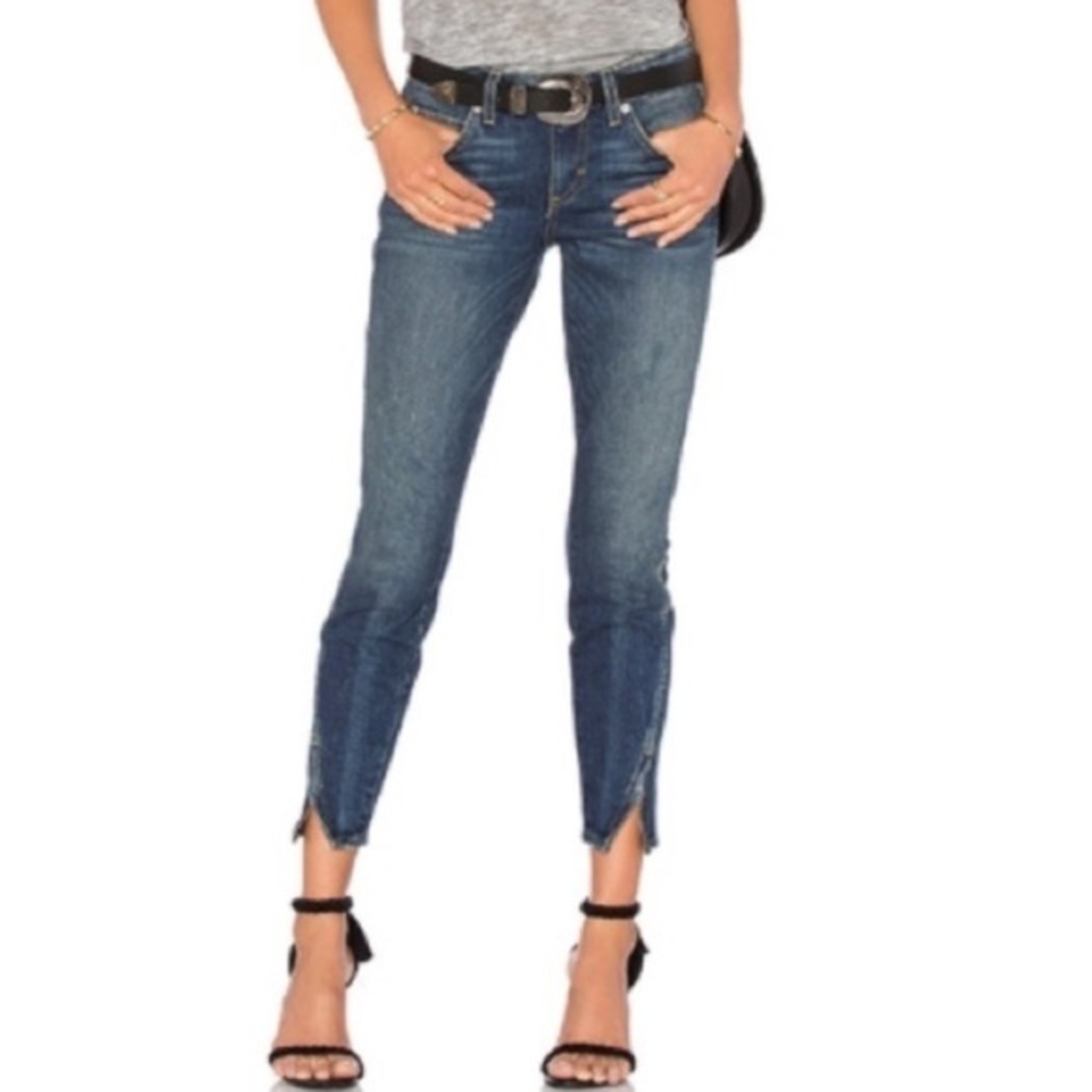 AMO TWIST ZIP SAPPHIRE DARK WASH BLUE DENIM DISTRESSED SKINNY JEAN PANTS 28